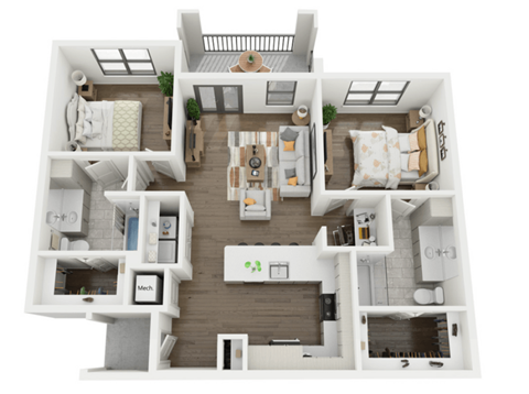 Floor plan for 2 beds, 2 baths, 1109 sqft